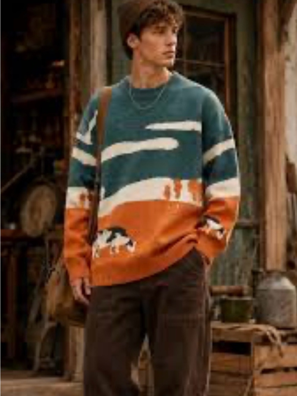 Vamtac Unisex Vintage Grassland Cow Landscape Sweater Size Medium